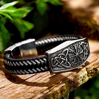 Bracciale Vichingo In Pelle E Acciaio Con Vegvisir E Nodo Celtico - Regalo Uomo Donna Con Chiusura Magnetica