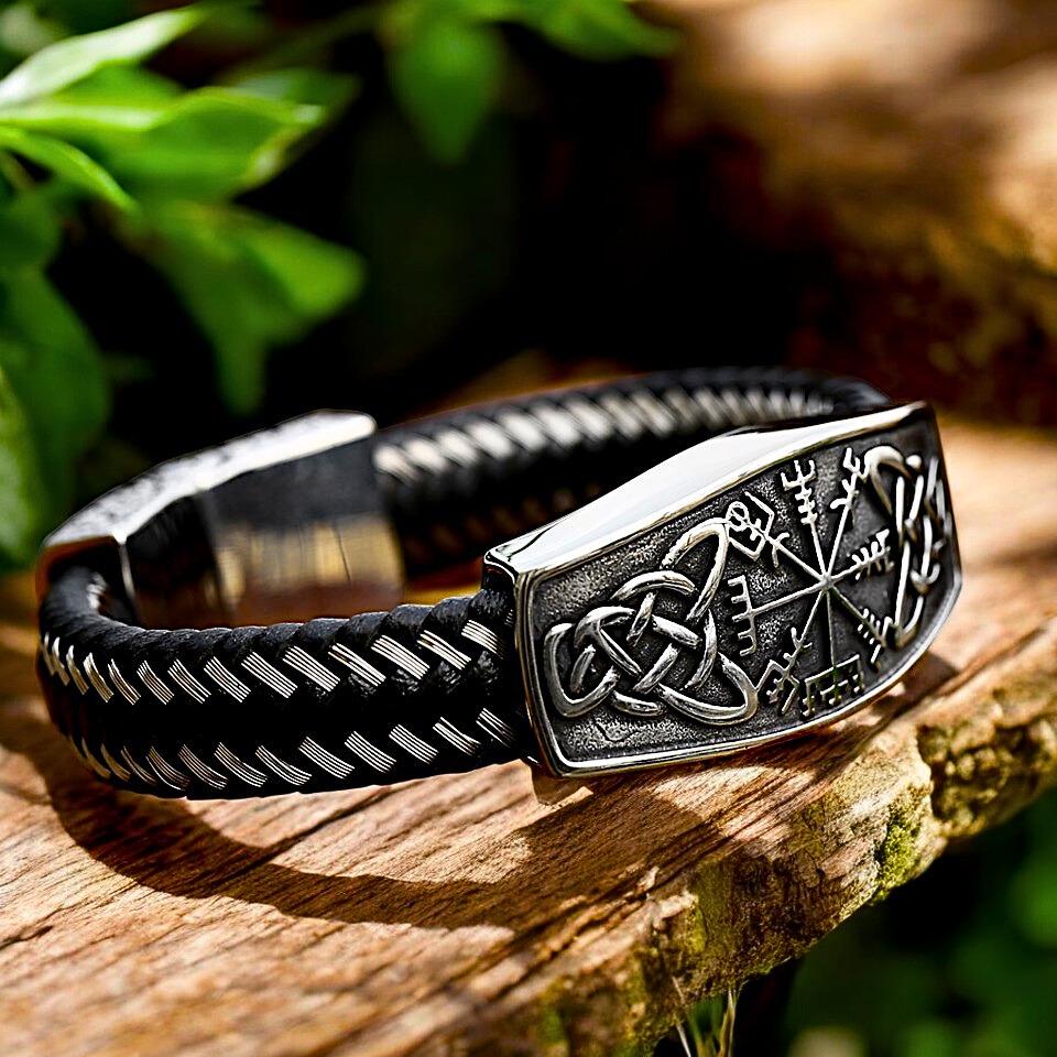 Bracciale Vichingo In Pelle E Acciaio Con Vegvisir E Nodo Celtico - Regalo Uomo Donna Con Chiusura Magnetica