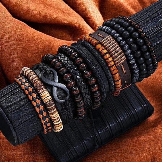 Set 4 Braccialetti In Pelle Multistrato Fatti A Mano - Regolabili - Stile Retrò