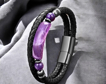 Bracciale in pelle ametista: chiusura magnetica unisex in acciaio inossidabile