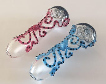 Crystal Clear with a Pink or Blue Octopus Glass Pipe