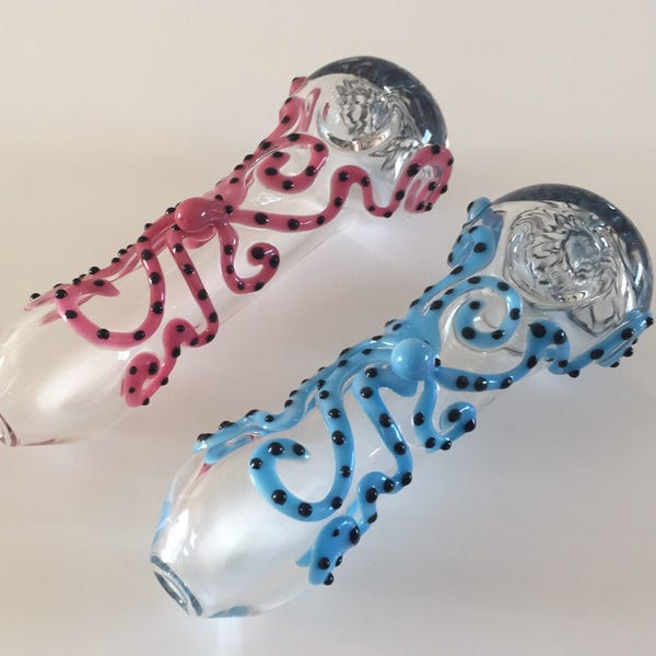 Crystal Clear with a Pink or Blue Octopus Glass Pipe