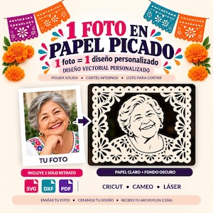 Puede incluir: Un servicio de diseño gráfico digital para retratos personalizados en Papel Picado. La imagen muestra una fotografía de una persona sonriente junto a una ilustración vectorial en blanco y negro enmarcada con cortes florales.