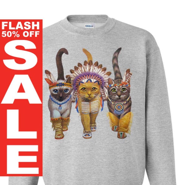 CAT SWEATSHIRT INDIANS unisex pullover crew neck -- s m l xl xxl xxxl