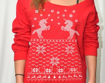 Women's Ugly Christmas sweater -- Unicorn sweatshirt -- pullover raglan sweatshirt -- off shoulder women's size s m l xl xxl red blue green