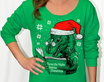 Womens Dinosaur Christmas Sweater sweatshirt shirt -- t rex reading Night Before Christmas off shoulder slouchy -- women's size s m l xl xxl