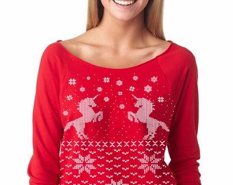 UNICORN CHRISTMAS SWEATER -- Women's Unicorn sweatshirt -- pullover raglan sweatshirt -- off shoulder size s m l xl xxl