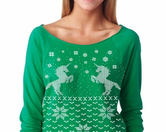 UNICORN CHRISTMAS SWEATER -- Unicorn sweatshirt -- pullover raglan sweatshirt -- off shoulder women's size s m l xl xxl red blue green