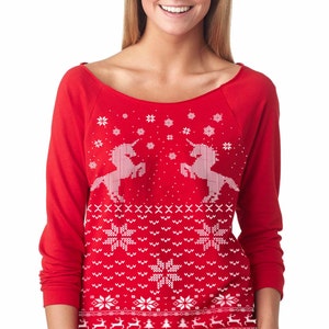 UNICORN CHRISTMAS SWEATER Women's Unicorn sweatshirt pullover raglan sweatshirt off shoulder size s m l xl xxl image 1