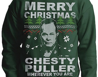 MARINE Corps CHESTY PULLER - Suéter navideño feo - Unisex - Sudadera militar - Disponible en verde bosque y azul marino - tallas s-xxl