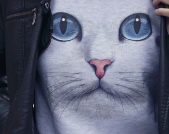 CAT FACE SWEATSHIRT unisex pullover crew neck --  s m l xl xxl xxxl