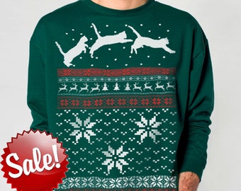 Ugly Christmas sweater -- Cat jumping in snow -- pullover cat sweatshirt --  s m l xl xxl xxxl