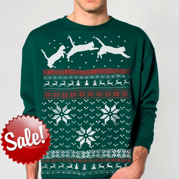 Ugly Christmas sweater -- Cat jumping in snow -- pullover cat sweatshirt --  s m l xl xxl xxxl