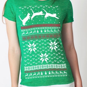 Ugly Christmas Sweater t shirt -- Cats jumping women's -- S M L XL XXL