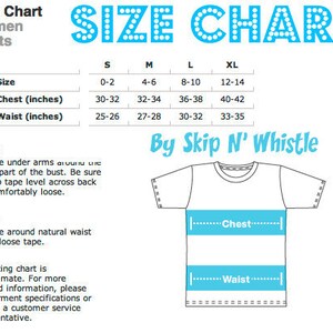 May include: A size chart for women's shirts, with chest and waist measurements in inches. The chart includes sizes S, M, L, and XL, with corresponding measurements. The text "SIZE CHART" is in large, playful letters.