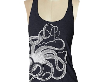 Womens OCTOPUS shirt TANK TOP--- American printed apparel Tri-Blend Racerback S M L (8 Color Options) m5p
