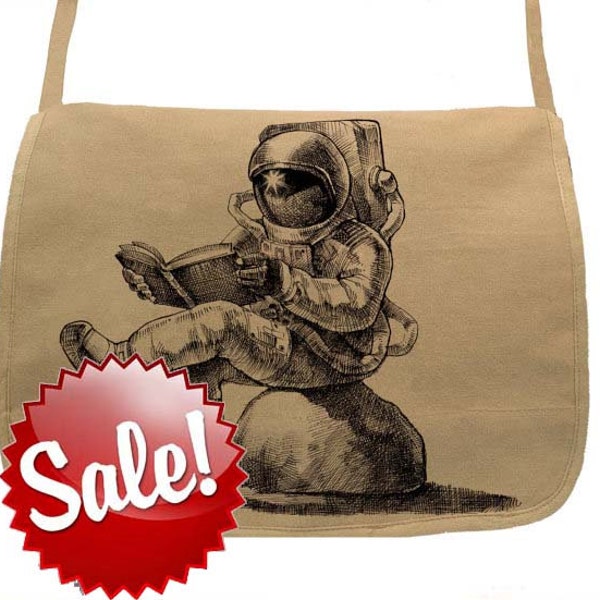 Astronaut reading book bag-- Canvas messenger bag -- large field bag -- adjustable strap skip n whistle