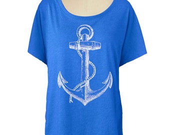 Womens ANCHOR T SHIRT - Dolman sleeve slouchy off the shoulder shirt (Many color choices) sm, med, lg, xl, xxl