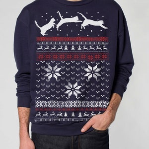 Ugly Christmas sweater -- Cat jumping in snow -- pullover cat sweatshirt -- s m l xl xxl xxxl