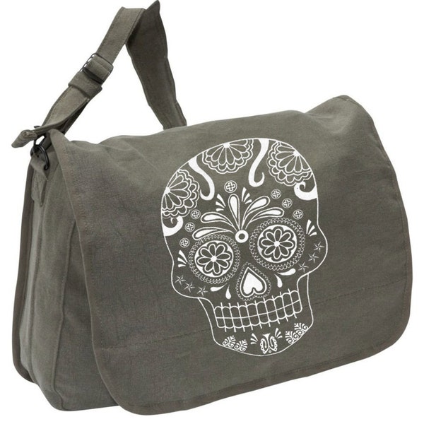SUGAR SKULL BAG -- Canvas messenger bag -- large field bag -- adjustable strap skip n whistle