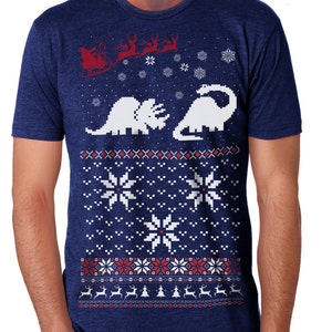 Ugly Christmas sweater t shirt -- Dinosaur Sweater -- mens unisex -- sizes sm med lg xl xxl