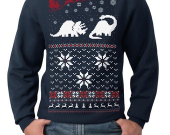 Ugly Christmas sweater -- Santa Claus Dinosaur -- pullover sweatshirt -- sm, med, lg, xl, xxl, xxxl mens womens unisex Tacky color options