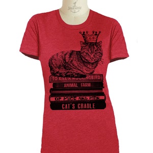 Womens CAT KING T SHIRT sitting on books wearing crown sm, med, lg, xl, xxl image 4