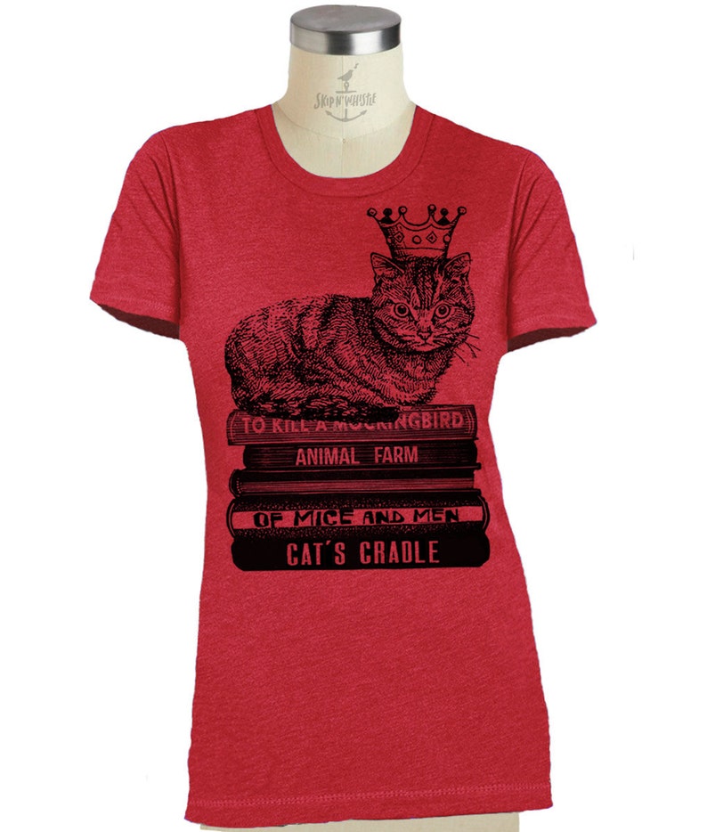 Womens CAT KING T SHIRT sitting on books wearing crown sm, med, lg, xl, xxl image 4