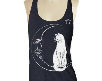 Cat Moon Black Tank top --- Camisa de tanque Racerback para mujeres Tri-Blend S M L Xl Xxl vintage camiseta sin mangas suave y atlética para damas