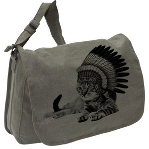 Cat Indian Canvas messenger bag grote veldtas verstelbare strap skip n whistle afbeelding 2