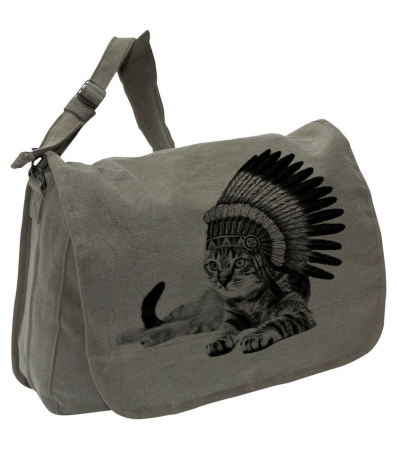 Cat Indian Canvas messenger bag grote veldtas verstelbare strap skip n whistle afbeelding 2