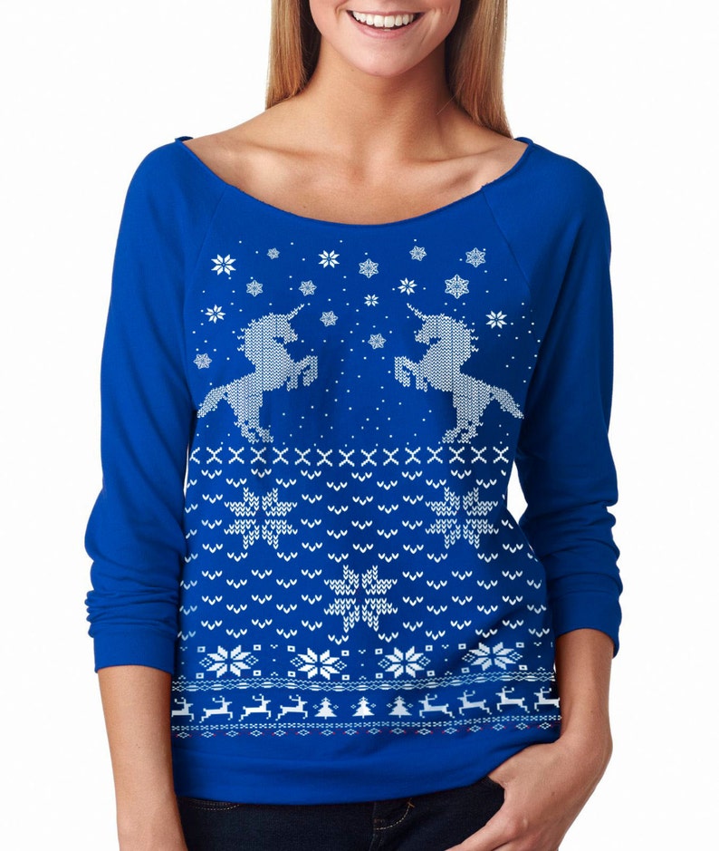 UNICORN CHRISTMAS SWEATER Women's Unicorn sweatshirt pullover raglan sweatshirt off shoulder size s m l xl xxl image 3