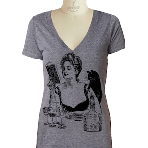 Woman with Cat V Neck t shirt ---- Womens tri blend fabric tshirt