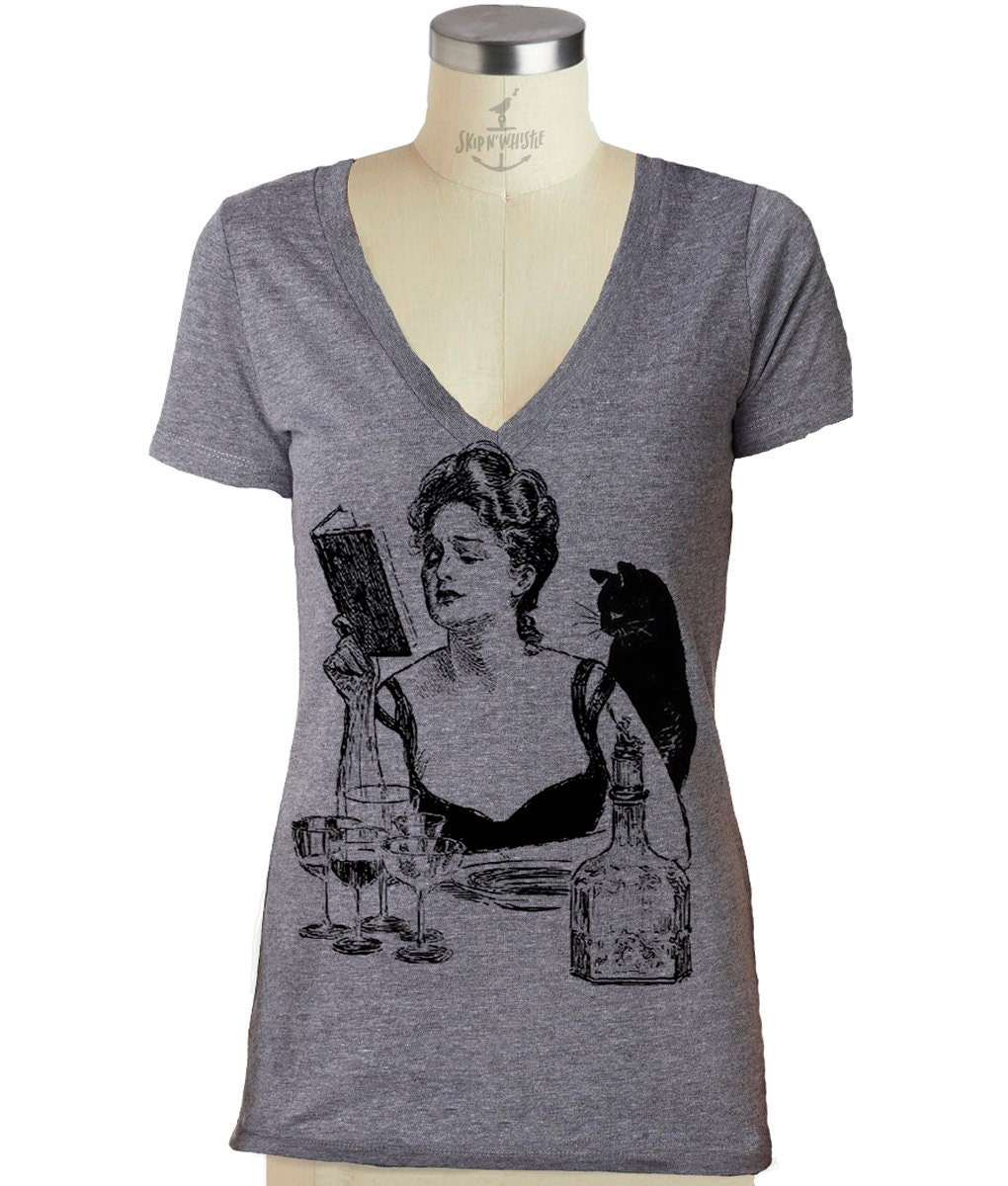 Woman With Cat V Neck T Shirt Womens 