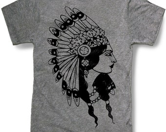 INDIAN PRINCESS HEADDRESS Mens t shirt -- 8 color options -- sizes sm med lg xl xxl skip n whistle