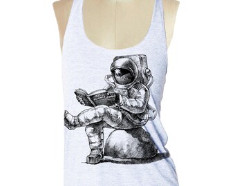 Astronaut Reading White Tank top --- Women's Racerback Tank Shirt Tri-Blend S M L Xl Xxl vintage soft athletic tank top ladies  yoga shirt