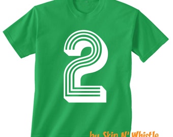 2nd BIRTHDAY -- KIDS T shirt -- soccer number 2 Size 2t, 3t, 4t, youth xs, yth sm, yth med, yth lg ( 7 COLORS )