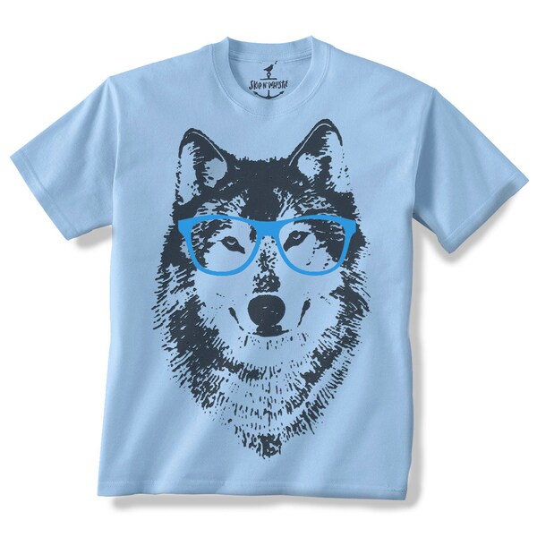 WOLF in GLASSES-- KIDS T shirt -- (7 color choices) Size 2t, 3t, 4t, youth xs, yth sm, yth med, yth lg skip n whistle