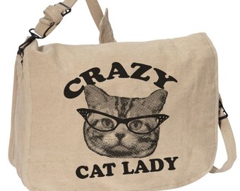 Crazy Cat Lady -- Canvas messenger bag -- large field bag -- adjustable strap