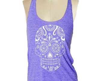 Débardeur sugar skull Racerback pour femme --- vêtements imprimés américains Tri-Blend S M L (8 options de couleur) noir