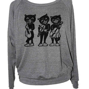 Womens CAT with GUITAR sweatshirt long sleeve raglan pullover-- american apparel S M L -- (5 Color Options) z