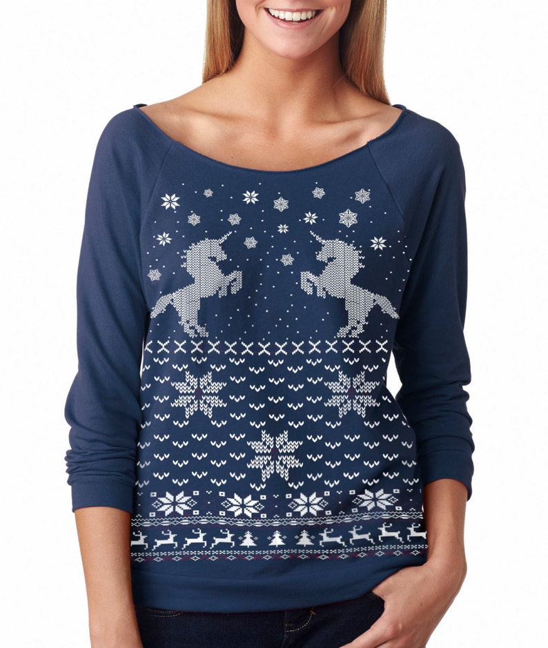 UNICORN CHRISTMAS SWEATER Women's Unicorn sweatshirt pullover raglan sweatshirt off shoulder size s m l xl xxl image 4