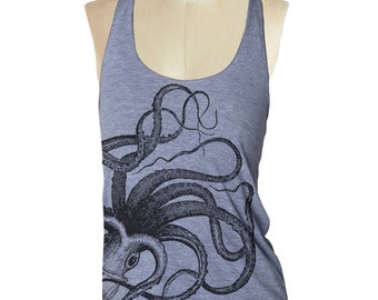 Octopus Grey Tank top --- Women's Racerback Tank Shirt Tri-Blend S M L Xl Xxl vintage soft athletic tank top ladies shirt skip n whistle