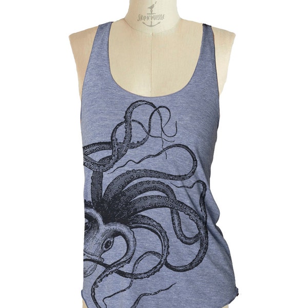 Octopus Grey Tank top --- Women's Racerback Tank Shirt Tri-Blend S M L Xl Xxl vintage soft athletic tank top ladies shirt skip n whistle