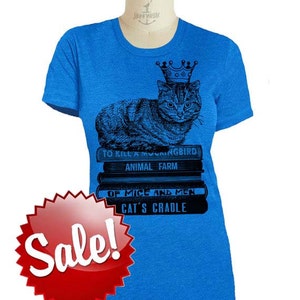 Womens CAT KING T SHIRT sitting on books wearing crown sm, med, lg, xl, xxl image 1