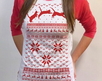 Cat Christmas sweater - Baseball Tee - womens Christmas Sweater design - 3/4 sleeve raglan - sm med lg xl xxl red royal blue and kelly green