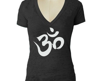 OHM OM Yoga V neck shirt -- moon womens burnout v neck symbol -- t shirt womens S M L XL