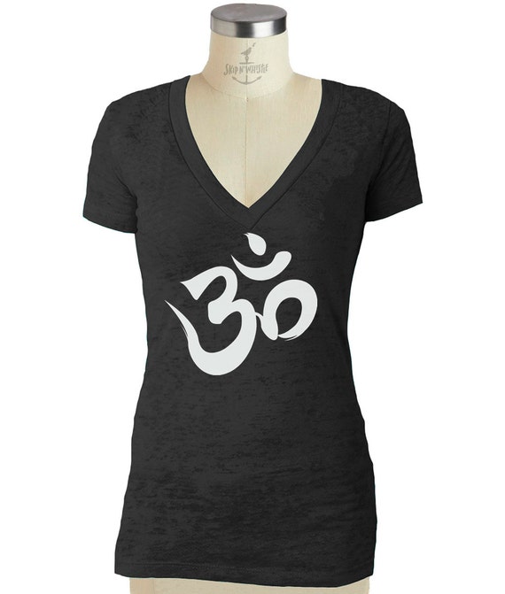 OHM OM Yoga V Neck Shirt Moon Womens Burnout V Neck Symbol T Shirt Womens S  M L XL 