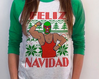 Feliz Navidad Baseball Tee - Pull de Noël femme design - 3/4 manches raglan - SM Med LG XL XXL Rouge Bleu Royal et Kelly Green