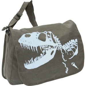 DINOSAUR T REX -- Canvas messenger bag -- large field bag -- adjustable strap skip n whistle